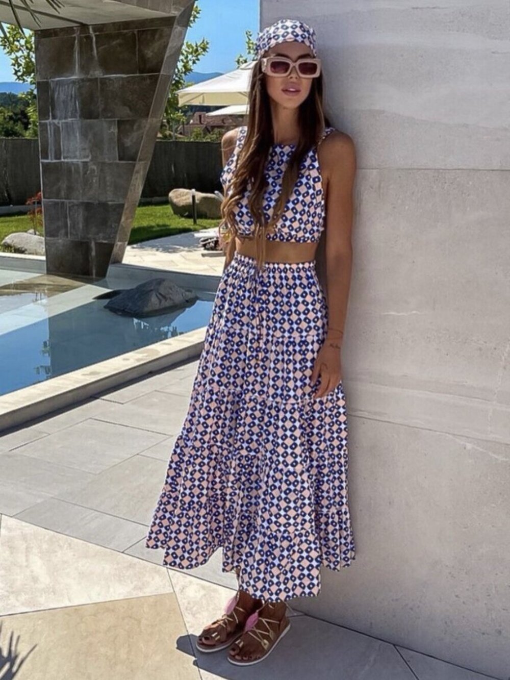 Zara Geometric Print Tiered Full Maxi Skirt in Blue
